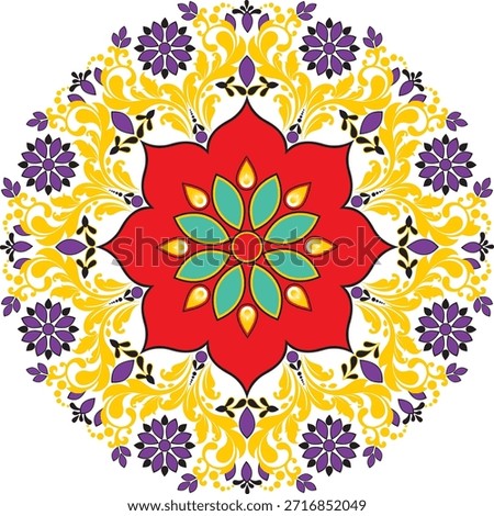 A vibrant, symmetrical mandala design features a prominent red central flower with teal petals and yellow accents. Ornate yellow scrollwork unfurls outwards, interspersed with purple stylized flowers and smaller black floral motifs, creating a rich, intricate pattern in a flat vector art style.