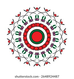 Uma ilustração vetorial mandala vibrante e simétrica com elementos florais e geométricos em tons de vermelho, verde e roxo. Ideal para uso em meditação, ioga, padrões têxteis, arte de parede e decoração