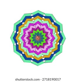 Una Ilustración vectorial de mandala vibrante y simétrica con intrincados patrones florales, Formas geométricas y colores llamativos. Perfecto para impresión escalable, arte digital y proyectos decorativos con una estética moderna y espiritual.