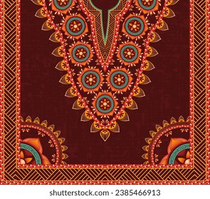 Vibrant symmetrical neckline pattern design with floral mandala motifs on a dark brown background. The colorful pattern design for African dashiki shirts, kurtas, kaftan dresses, and V-neck clothing.
