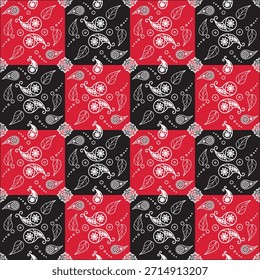 Un patrón vibrante y simétrico con hojas y flores en tonos rojos, negros y blancos, ideal para textiles o Diseño gráfico.