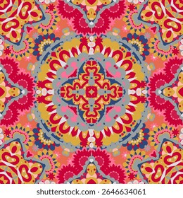 A vibrant, symmetrical pattern filled with intricate designs and colors, creating a visually engaging abstract artwork.