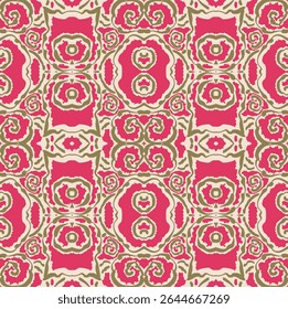 A vibrant, symmetrical seamless pattern in a bold, retro style. Features ornate abstract floral and geometric motifs in striking pink and gold on a cream background. Perfect for decorative projects