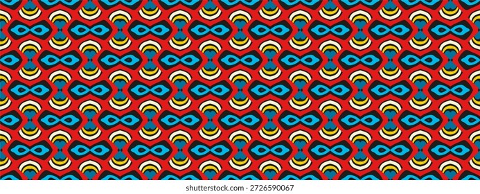 Un patrón tribal vibrante y simétrico con motivos geométricos rojos, cian y amarillos llamativos en un estilo étnico repetitivo.