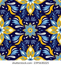 A vibrant symphony of bold vector Christmas floral motifs seamless pattern, fabric canvas, blue yellow, nature boundless beauty ornate folk tile