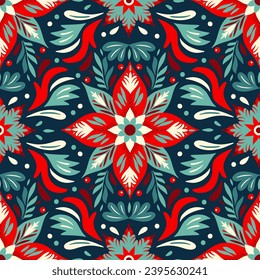 A vibrant symphony of vintage bold Christmas floral motifs seamless pattern, fabric canvas, red blue, nature boundless beauty ornate folk tile