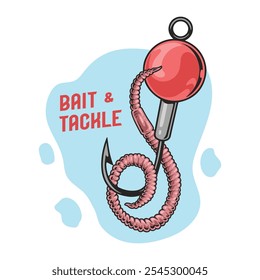 A vibrant tackle design showcases a red bobber alongside a hooked bait. The illustration emphasizes the essential gear used for fishing activities in calm waters.