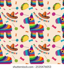 piÃ±atas vibrantes, tacos e sombreros em um design perfeito