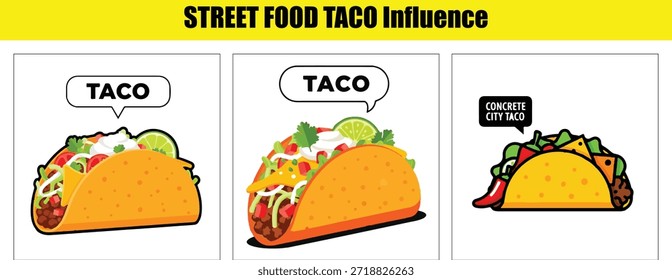Tacos vibrantes con burbujas de discurso y chiles Palabras claves: taco, comida, mexicano, cocina, calle