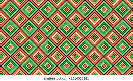 A vibrant tapestry of colours unfolds before our eyes, showcasing a striking red, green, and yellow diamond pattern that captivates the senses. 