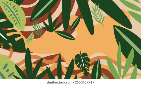 A vibrant tapestry of tropical leaves in shades of green with hints of brown and orange creates a sense of lush untamed nature