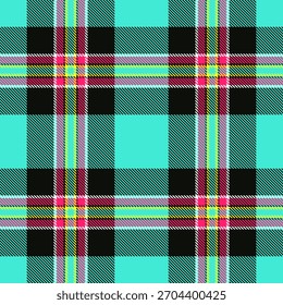 Lebhaftes Tartan-Muster mit schwarzen, aquatischen und rosa Akzenten. Schafft eine lebendige und kühne Ästhetik. Perfekt für Textilien, Hintergründe oder Designelemente.