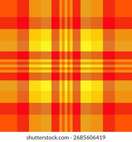 Patrón de tartán vibrante con tonos de rojo, amarillo y naranja. Festivo, cálido y llamativo, ideal para fondos, textiles o diseños de temática caótica.