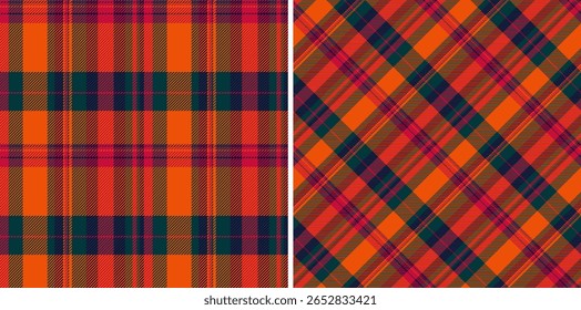 Padrões de tartã vibrante em tons de laranja quente, vermelho e verde profundo. Design têxtil escocês clássico, perfeito para temas de outono, fundos, ou amostras de tecido.