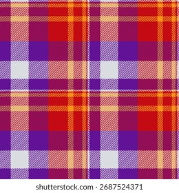 Padrão de tartã vibrante em vermelho, roxo, laranja e cinza. Ideal para designs têxteis, fundos ou representando patrimônio e estética tradicional.