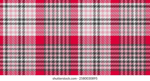 A vibrant tartan plaid pattern in shades of red, pink, black, and white,  traditional geometric design with crisscrossed lines and houndstooth textures creating a timeless and bold textile style.