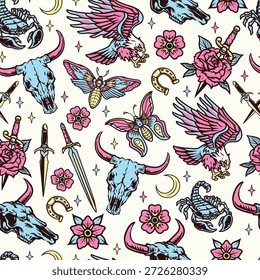 Padrão de tatuagem vibrante apresenta crânios flores espadas e mariposas decoradas em cores brilhantes. O design combina elementos da natureza e símbolos ideais para os entusiastas da arte corporal.