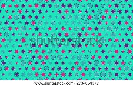 Vibrant teal background adorned with a playful scattering of pink, purple, and blue circles.