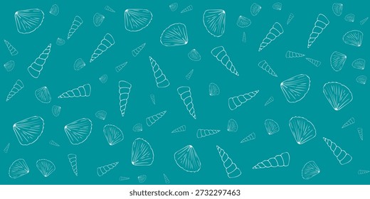 A vibrant teal background adorned with a repeating pattern of white outline illustrations of various seashells and marine organisms, creating a serene underwater theme.