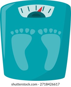 Uma escala de banheiro azul claro com pegadas azuis claras e um indicador de mostrador de ponta vermelha, sugerindo medição de peso e monitoramento de saúde.