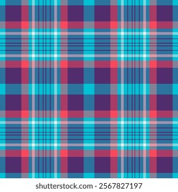 Vibrant teal, coral, and purple plaid pattern.  Ideal for textile design, fashion, apparel, and web backgrounds.  Seamless repeat texture with a modern, stylish feel.