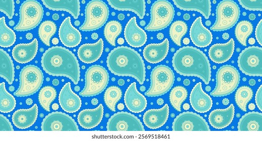 Vibrant teal and cream paisley pattern on a bright blue background.  Perfect for textile design, wallpaper, or website backgrounds.