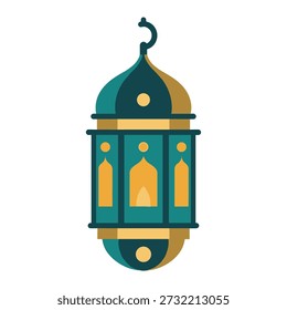 Vibrant teal and gold lantern with dome top and yellow accents on white background for islamic or cultural decor