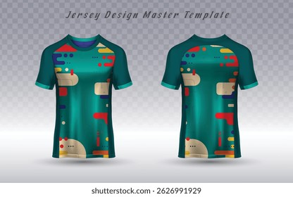 Modelo de camisa azul-petróleo vibrante com formas orgânicas dinâmicas em azul-petróleo, verde, laranja, amarelo e vermelho, criando uma estética artística de alta energia. Perfeito para equipes de esportes criativos, esportes ou pe de destaque