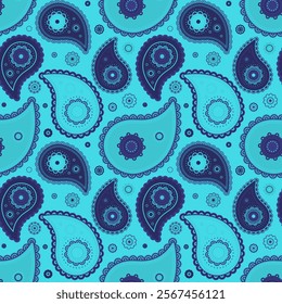 Vibrant teal and navy paisley pattern.  Perfect for textiles, fashion, or website backgrounds.  This eye-catching design offers a stylish and sophisticated aesthetic.