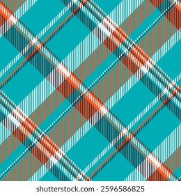 Vibrant teal, orange, and gray plaid pattern.  Modern geometric design ideal for textile prints, fashion, web backgrounds, or stationery.