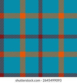 Vibrant teal, orange, and maroon plaid pattern.  Perfect for textile designs, website backgrounds, or autumnal themed projects. This bold, geometric textile design evokes feelings of warmth and style.