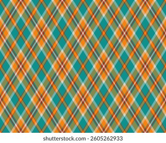Vibrant teal, orange, and olive green plaid pattern.  Perfect for textile design, website backgrounds, or autumnal themed projects.