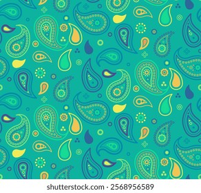 Vibrant teal paisley pattern.  Colorful, stylized teardrop shapes create a lively, energetic design perfect for textiles, website backgrounds, or decorative projects.