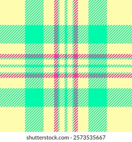 Vibrant teal and pink plaid pattern on a pale yellow background.  Perfect for textile design, fashion, websites, and playful branding.  Bold geometric design offers a modern, energetic aesthetic.