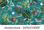 Vibrant Teal Tropical Pattern with Green Leaves and Red Blooms