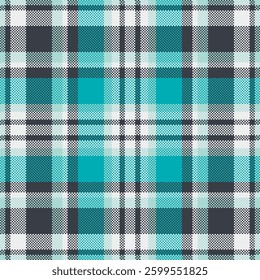 Vibrant teal, white, and dark gray plaid pattern.  Perfect for textile design, website backgrounds, or fashion projects.  This seamless texture offers a fresh, modern feel with a classic plaid appeal.