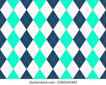 Vibrant teal, white, and navy argyle pattern.  Perfect for backgrounds, textiles, or website design.  Geometric, modern, and playful, this seamless texture offers a fresh, energetic feel.