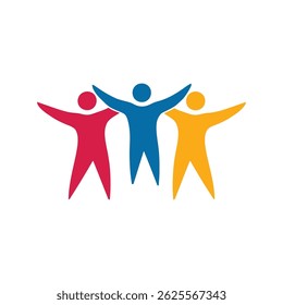 Ilustração vibrante do trabalho em equipe: figuras vermelhas, azuis e amarelas minimalistas do vetor que representam unidade e diversidade	