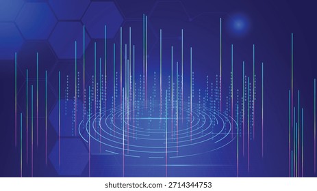 Un fondo de tecnología vibrante con un degradado azul oscuro y púrpura, con una plataforma circular holográfica que emite líneas de luz coloridas de Vertical y flujos de datos binarios, que representan un análisis masivo de datos