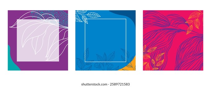 Vibrant templates set with bold botanical line art. Rich purple, blue, and red backgrounds with delicate leaf drawings. Perfect for creative designs, posters, or social media. Vector illustration