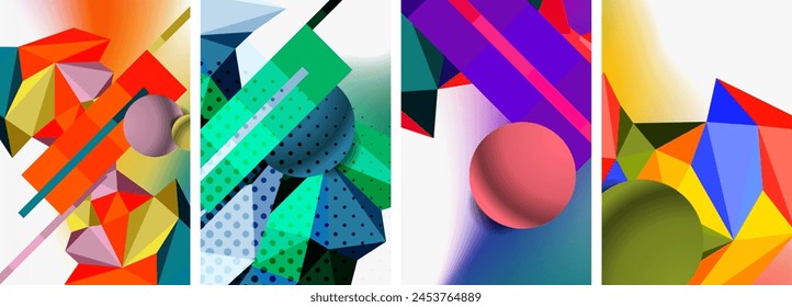 A vibrant textile art piece featuring a collage of four colorful geometric shapes purple rectangle, magenta tire, violet automotive tire, and various tints and shades