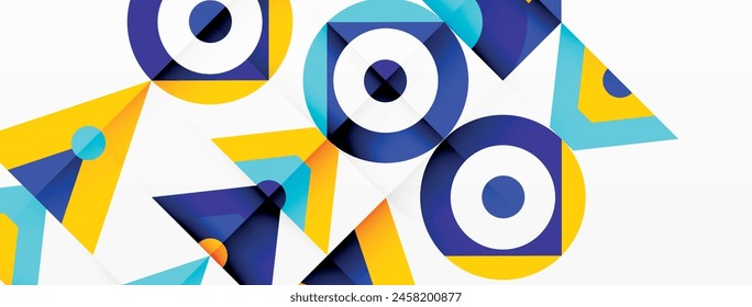 A vibrant textile design featuring a colorful geometric pattern with circles and triangles in electric blue and purple on a white background, creating a symmetrical and artistic display of creativity