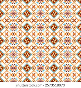 A vibrant textile design featuring diamond-shaped geometric patterns in orange, blue, and brown tones. It showcases intricate symmetrical motifs and tribal-inspired details on a white background.