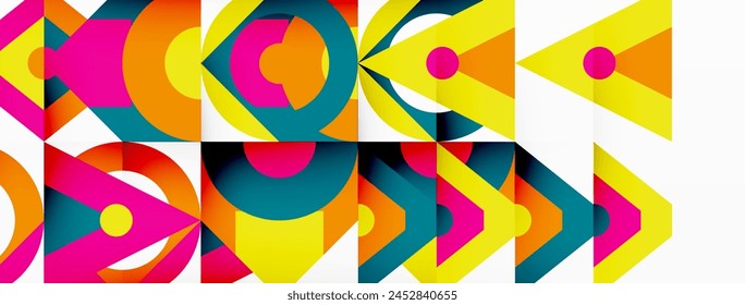 A vibrant textile design featuring a symmetrical pattern of colorful rectangles and arrows pointing in opposite directions, creating a dynamic and artistic composition