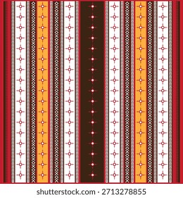 A vibrant textile featuring vertical stripes in red, white, gold, and brown. The pattern includes geometric dots, crosses, and repeating woven motifs, giving a traditional handcrafted aesthetic.