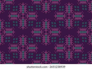  A vibrant textile pattern composed of pink, green, and teal geometric shapes on a deep purple base. The structured pixel design repeats evenly, evoking cultural and festive influences. 