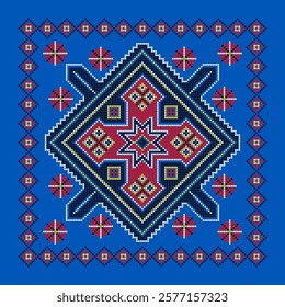Vibrant textile pattern featuring geometric designs and colors on a blue background with floral accents