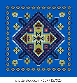 Vibrant textile pattern featuring geometric designs and colors on a blue background with floral accents