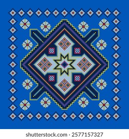 Vibrant textile pattern featuring geometric designs and colors on a blue background with floral accents