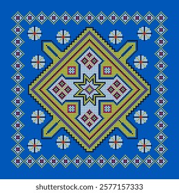 Vibrant textile pattern featuring geometric designs and colors on a blue background with floral accents